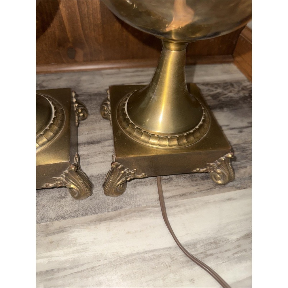 Set Of 2 Vintage Brass Table Lamps Amber Glass Globe 35" Tall 3-Way Ornate Base - Picture 10 of 16